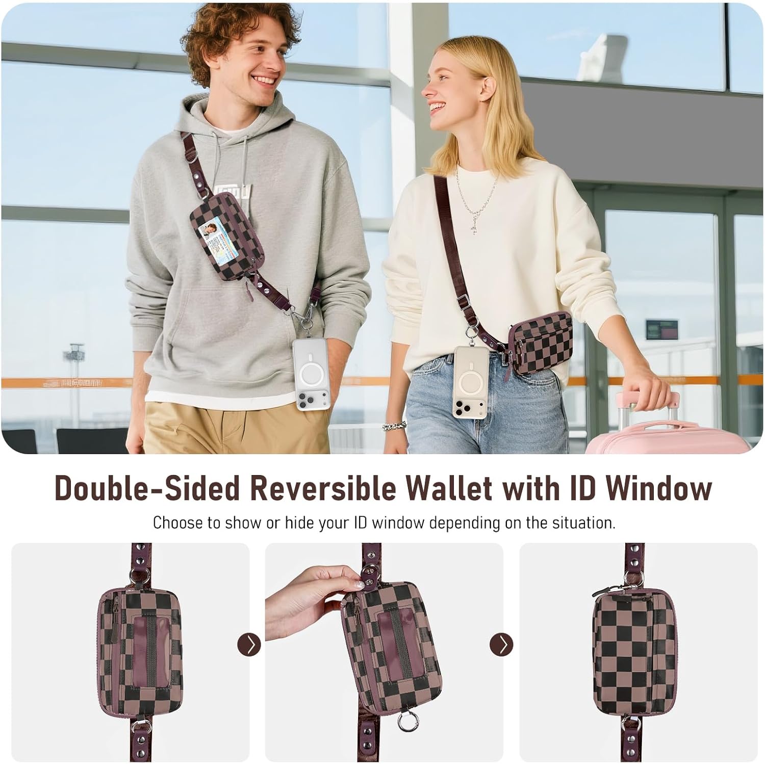 Clip and Go Strap for Phone with Wallet Crossbody Phone Lanyard and Detachable Checkered Bag with ID Window and RFID Pouch for Daily Travel. - Image 5
