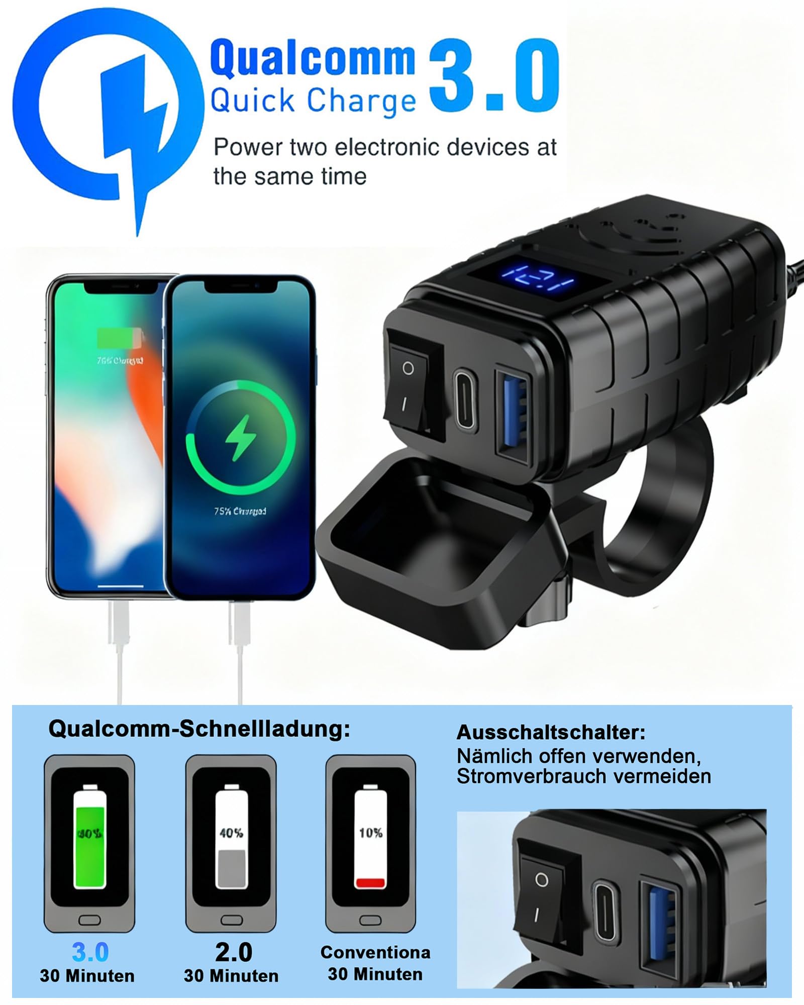Prise USB Moto Etanche 12V: Chargeur USB Moto QC3.0 USB & PD Type C Accessoire Moto Prise USB Moto Avec Voltmètre et Interrupteur Marche pour 12V~24V Voiture/Camping-Car/Véhicule/Bateau