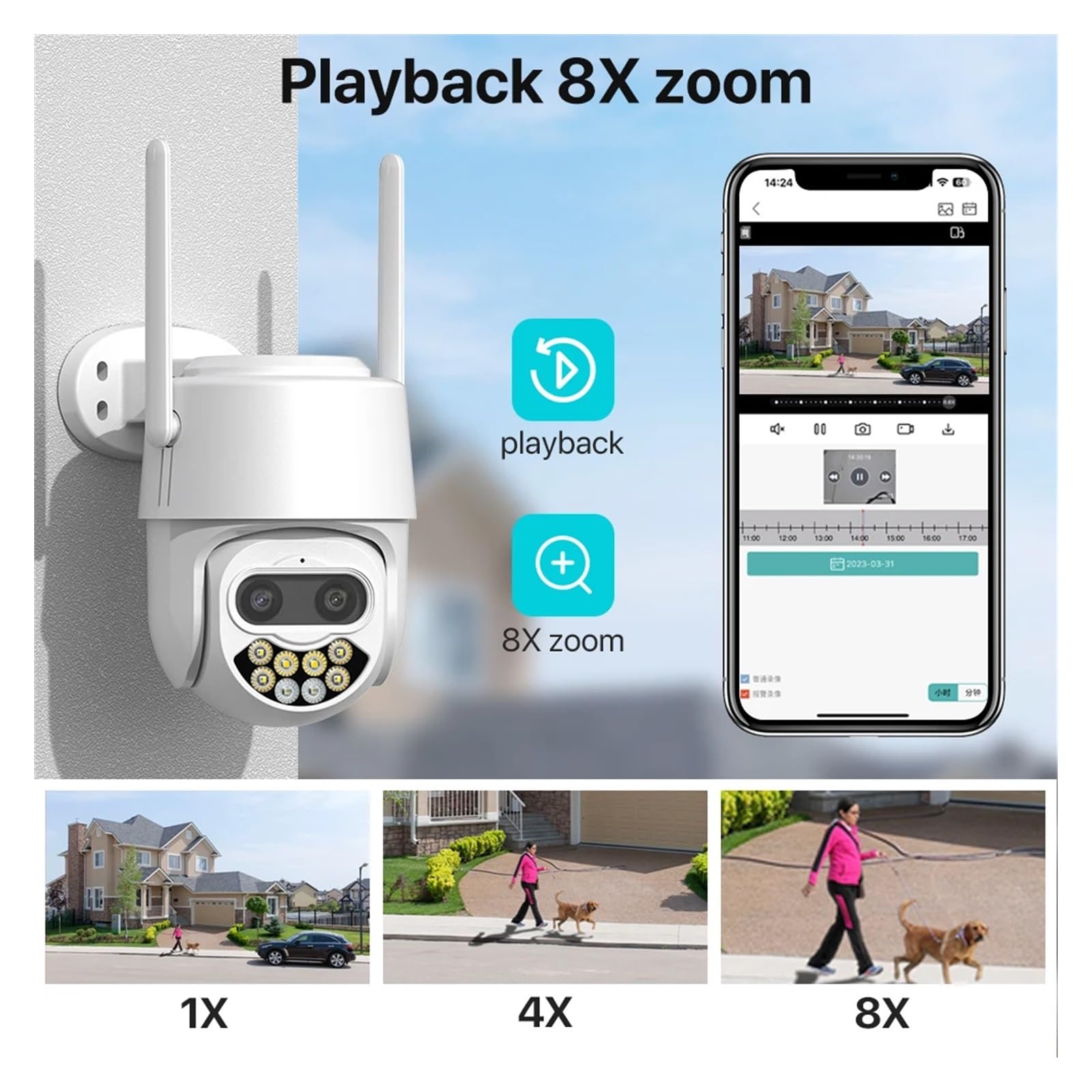 Kamera bezpieczeństwa, Kamera IP Wi-Fi 8MP 4K HD 8X Zoom podwójny obiektyw zewnętrzna kamera bezprzewodowa 4MP bezpieczeństwo AI wykrywanie człowieka CCTV dwukierunkowa audio(1080P NO SD Card)