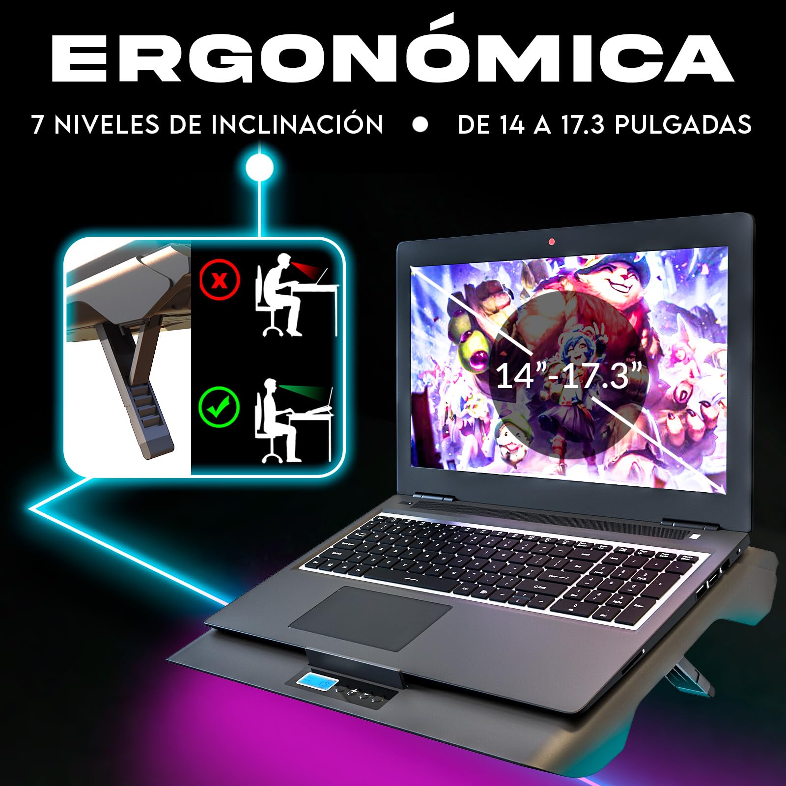 KLIM Everest Base de refrigeración para portátiles - 2 Ventiladores Turbo de 4300 RPM para un Rendimiento máximo - Evita el sobrecalentamiento y Protege tu portátil Gaming - 14 a 17" - Nuevo