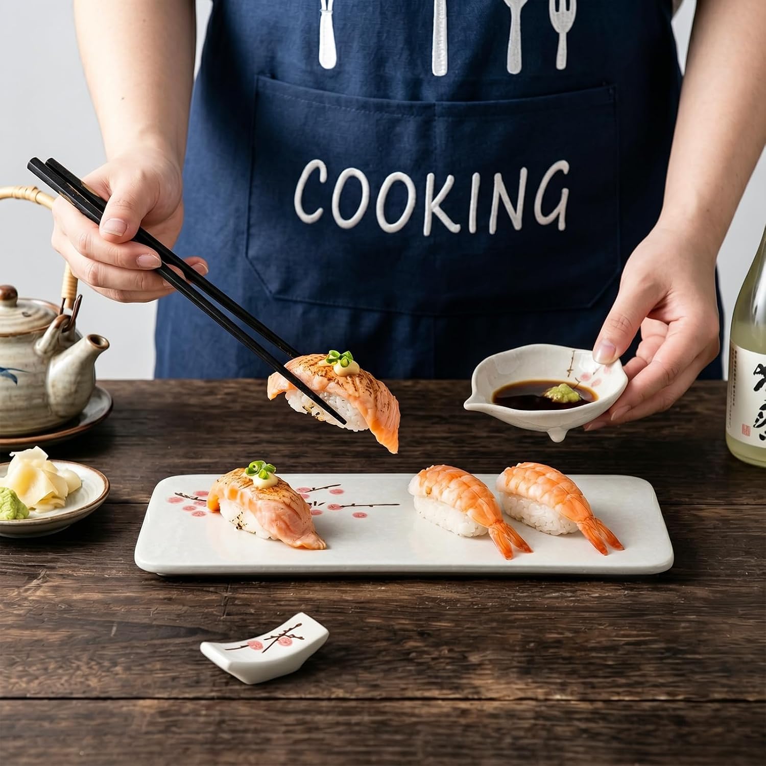 Pumtus 8 Pcs Ceramic Sushi Plate Set, Floral Japanese Serving Dishes, Sushi Dinnerware for Wedding Housewarming Gift, Includes 2 Sushi Tray, 2 Sauce Bowls, 2 Pairs of Chopsticks, 2 Chopstick Rests