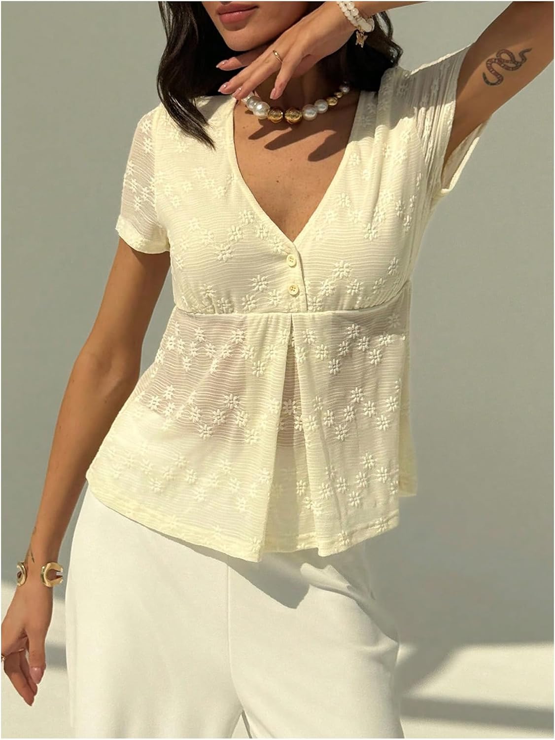 MakeMeChic Women's Lace V Neck Blouse Button Jacquard Ruffle Short Sleeve Summer Shirt Tops - Image 2