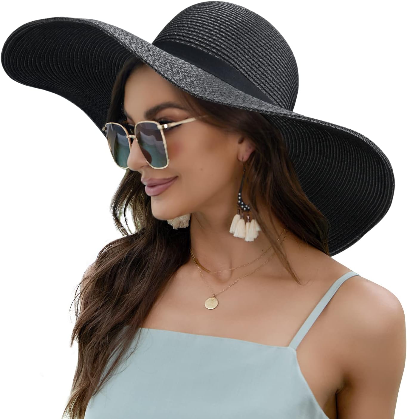 Women Wide Brim Sun Hat UPF50 Straw Summer Hat Floppy Beach Hat Roll-Up
