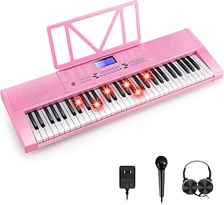 Costzon 61 Key Piano Keyboard, Portable Electronic Keyboard Piano with Lighted Keys, LCD Screen, Headphones, Microphone, Dual Power Supply & 3 Teaching Modes for Beginners Kids Adults (Pink)