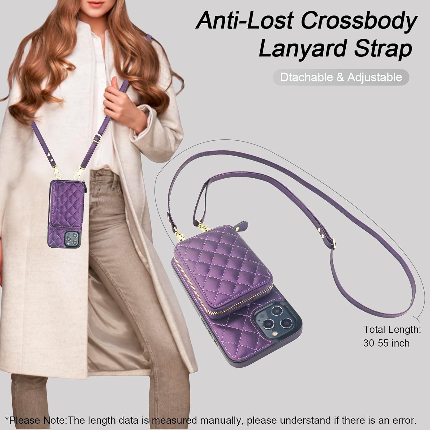 Bocasal Crossbody Wallet Case for iPhone 12 Pro Max, RFID Blocking PU Leather Zipper Handbag Purse Flip Cover, Kickstand Folio Case with Card Slots Holder Wrist Strap Lanyard 5G 6.7 Inch (Dark Purple)