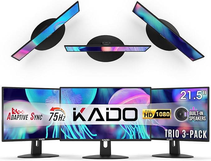 Kado Triple Monitor Setup - 3-Pack 22" 1920x1080 Computer Monitor 75Hz VESA Mount HDMI Office Gaming Hybrid Sim Racing Built-in Speakers (E22X Trio Series)