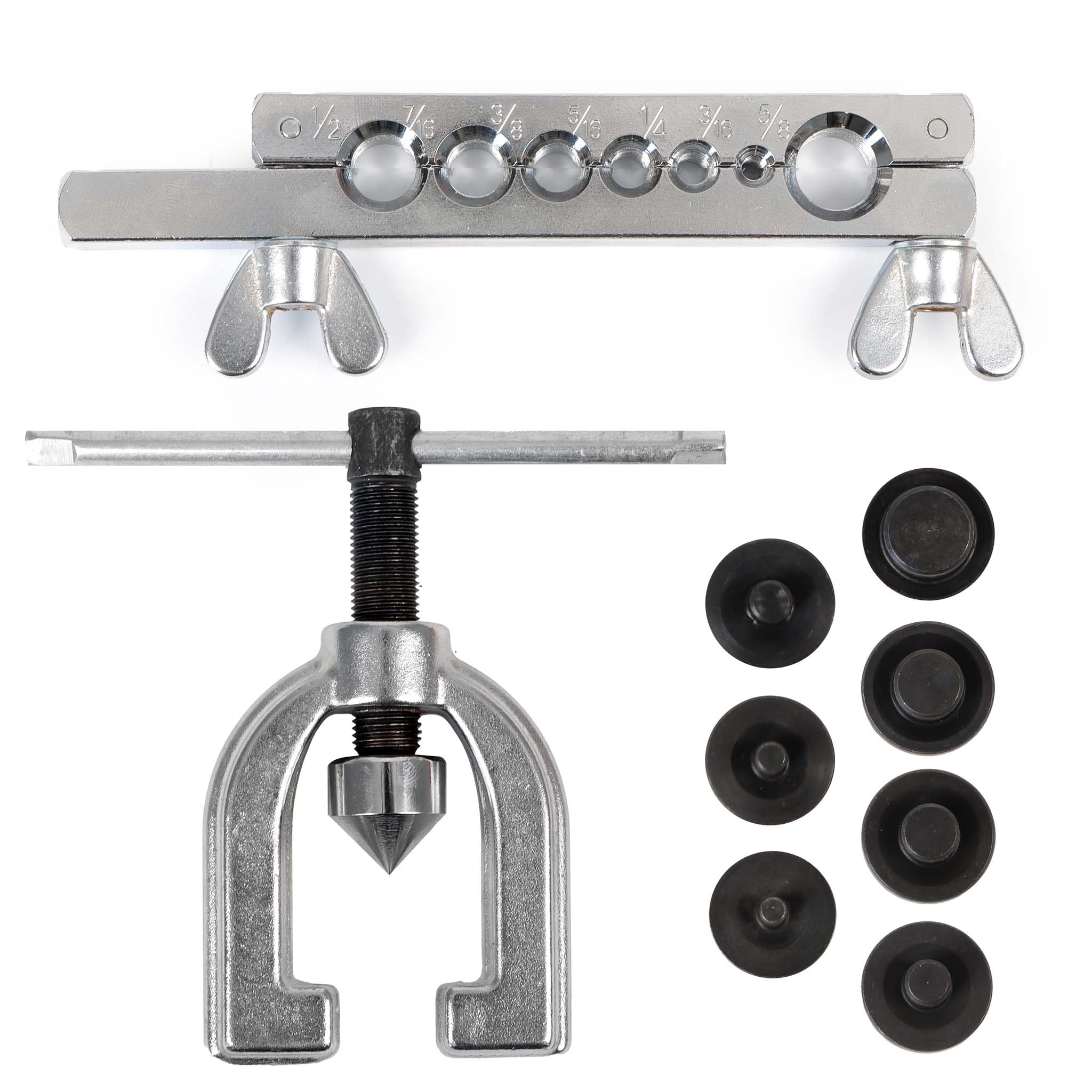 WilTec Herramienta para abocardar Tubos de Aluminio y Cobre, Doble 45° con mordazas y 7 Piezas de presión
