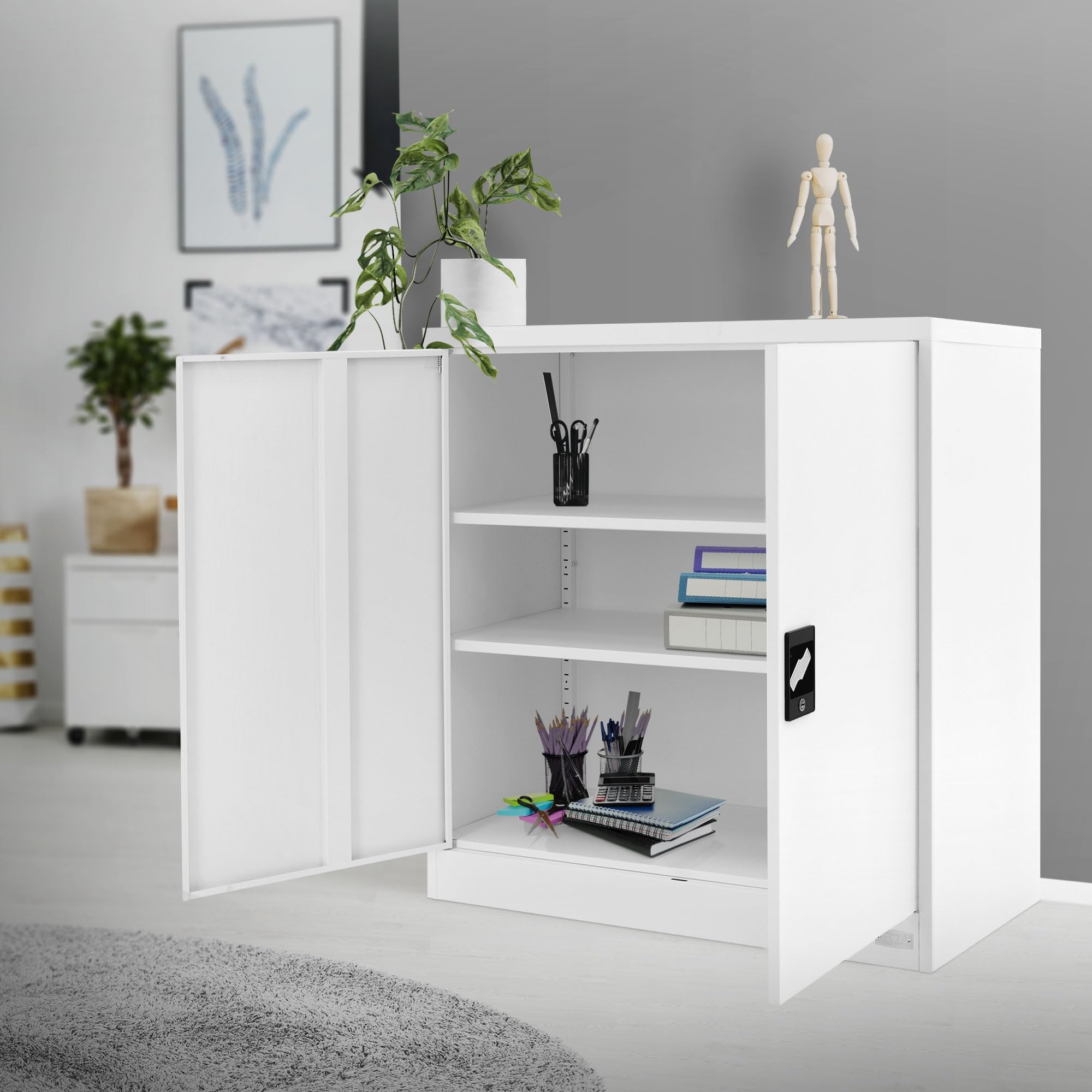 ML-Design Armadio per Archiviazione con Serratura Bianco 90x40x90 cm Acciaio Schedario 2 Ripiani Regolabili in Altezza Armadio per Ufficio a 2 Ante Mobiletto Portadocumenti Armadietto