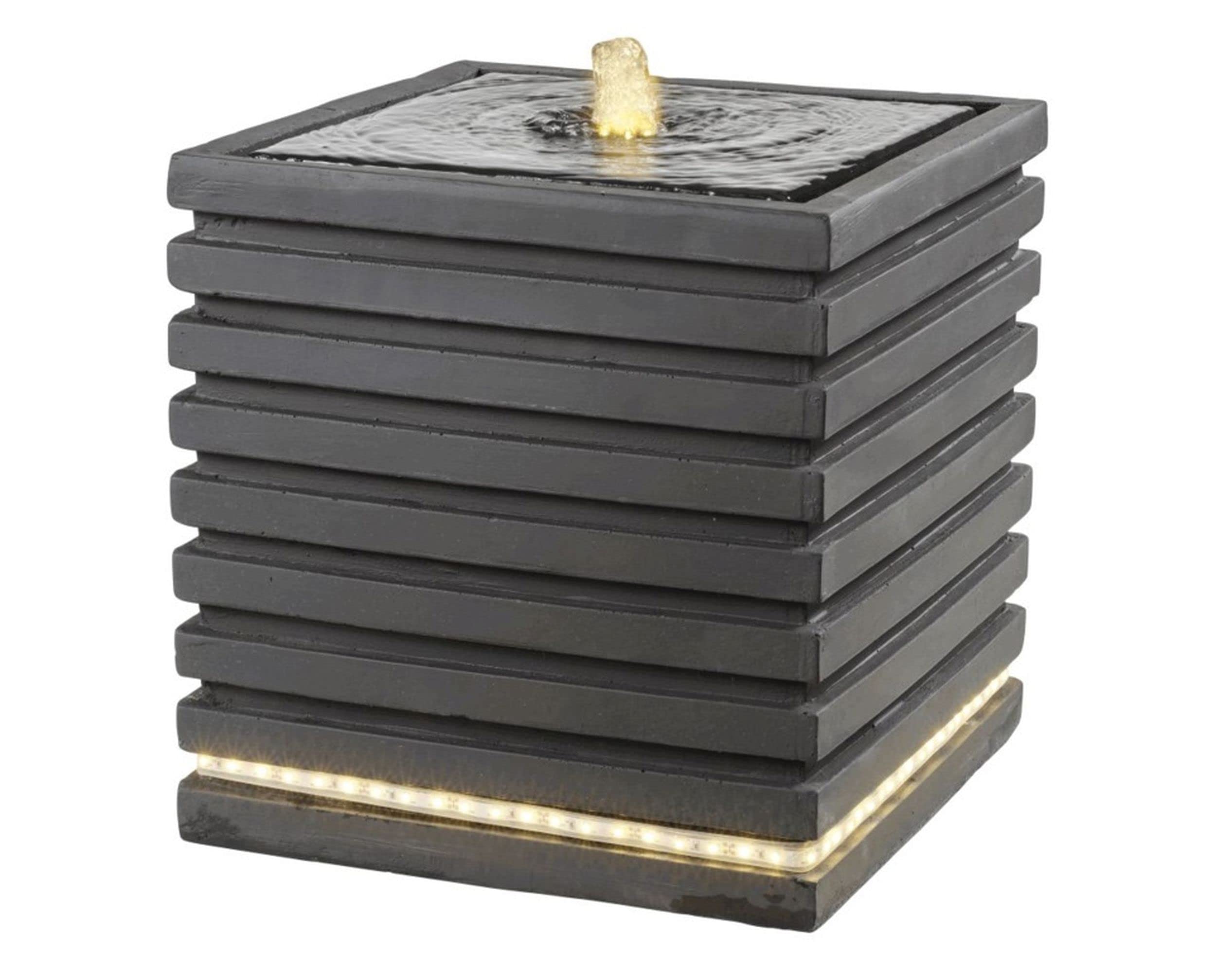 Lumineo Ribbed Cube Water Feature Fountain Dark Grey Real Stone Look & Feel With Warm LEDs 35cm Cubed, (9787987)