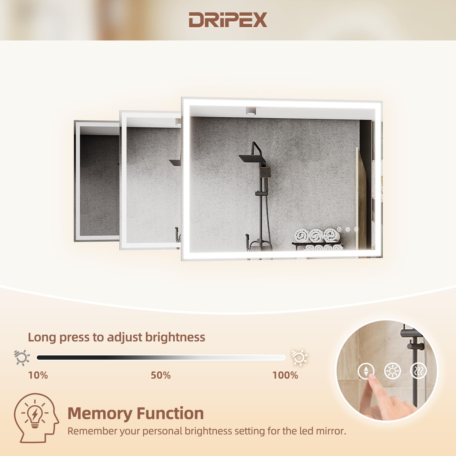 Dripex Miroir Salle de Bain 60x80cm avec éclairage, Miroir Lumieux Mural Dimmable avec 3 Couleurs Lumineuses, Fonction Mémoire, Interrupteur Tactile
