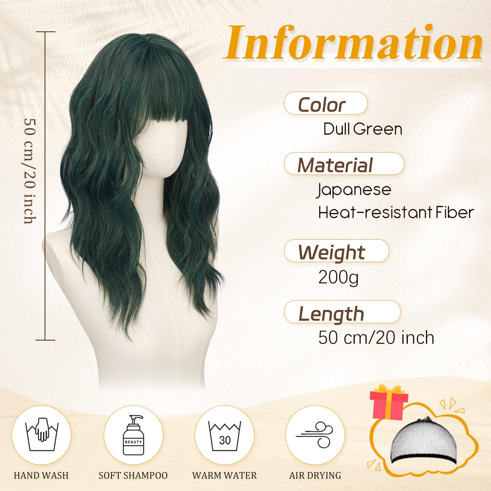 RUWISS Peluca Verde Apagado Ondulada con Flequillo para Mujer, 50 cm Shoulderlongitud Peluca de pelo Sintético en Capas Pelucas con Volumen Natural para Diario y Fiesta — view 2