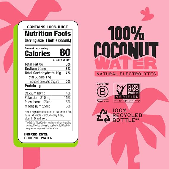 Harmless Harvest 100% Coconut Water 12 Fl Oz, 12pack, Natural Hydration with MCTs, No Sugar Added, Vegan & Non-GMO Certified