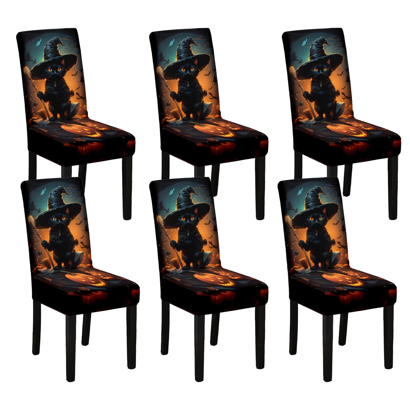 Housses de Chaise d'Halloween (Lot de 6) - Motif Citrouille Extensible pour Salle à Manger
