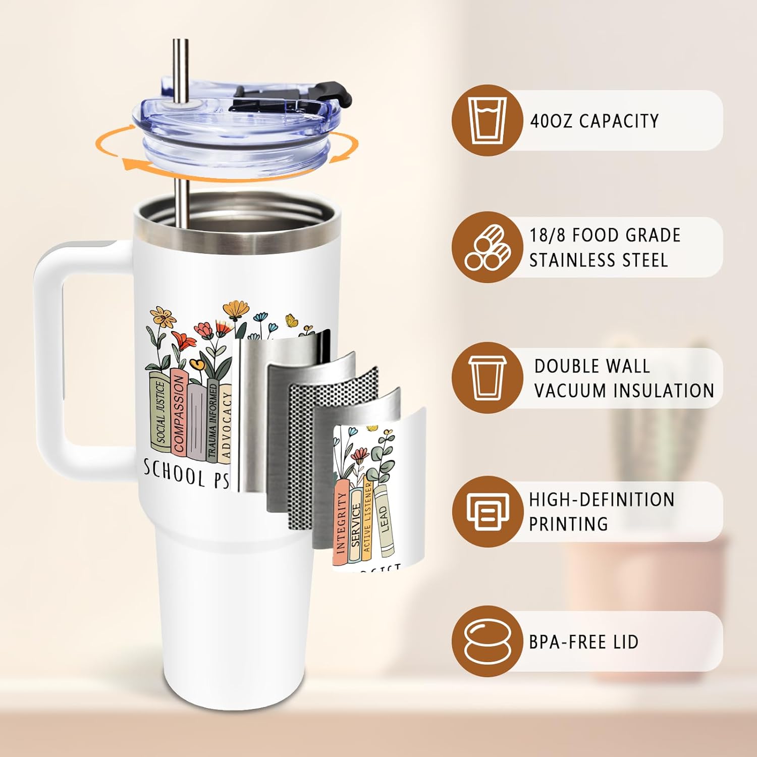 DUUV School Psychologist Gifts, Tumbler for Coworker, Teacher Appreciation Gifts for Women, Psychiatrist Gift for Christmas Thanksgiving, 40 Oz Tumbler with Handle, 1PCS - Image 4