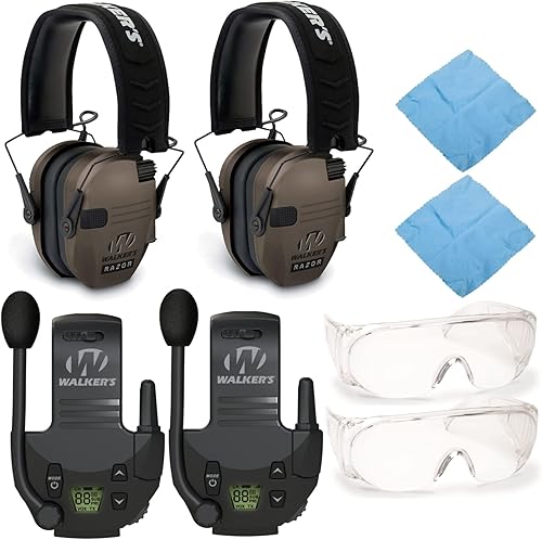 Walkers Razor - Orejeras electrónicas delgadas (tierra oscura plana, paquete de 2) con walkie talkie táctico/de caza (paquete de 2), gafas de tiro