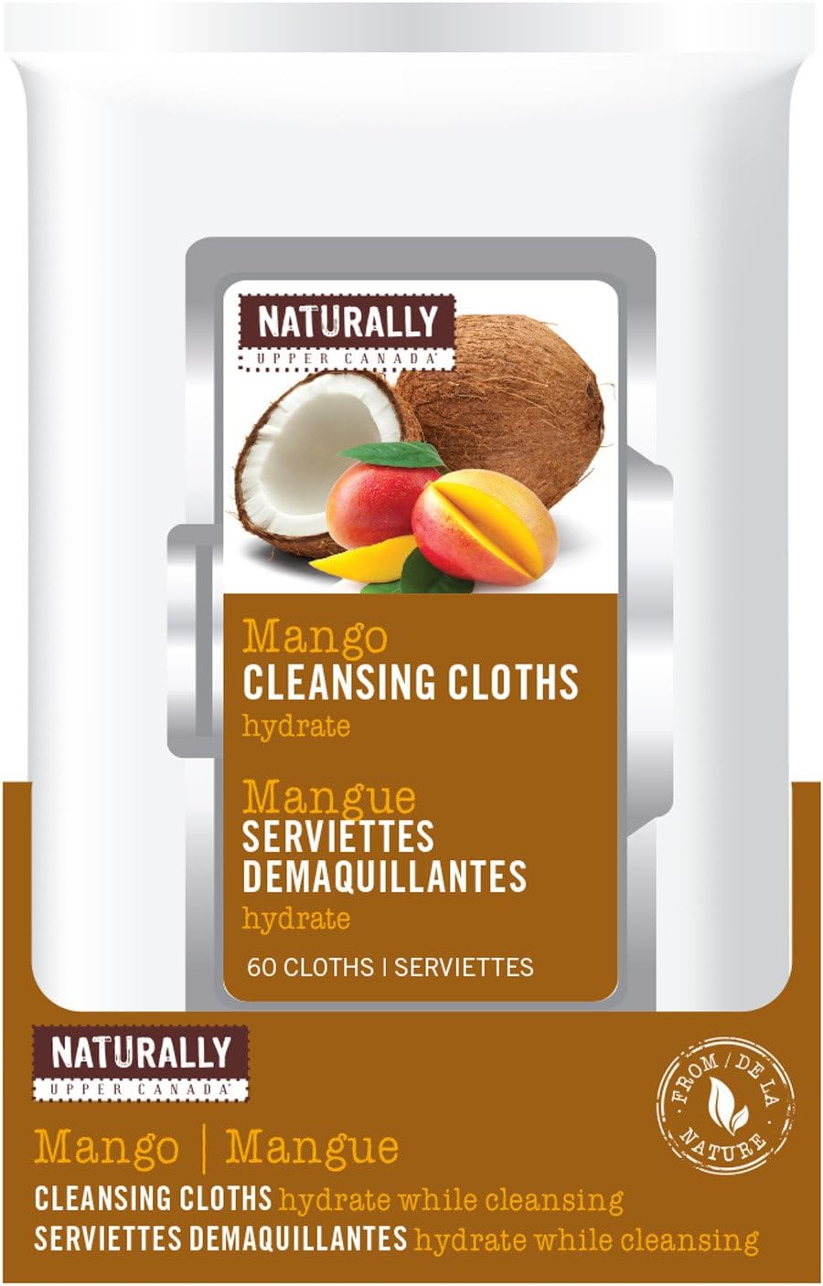 Naturally by Upper Canada 60-Count Cleansing Makeup Remover Facial Wipes, Mango and Coconut