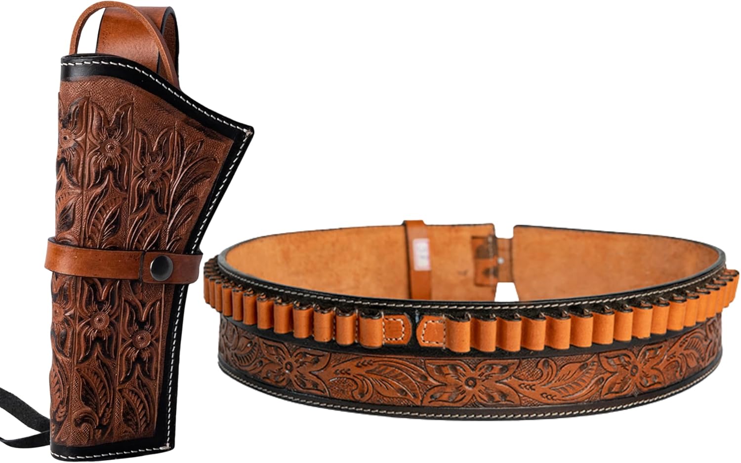 Hulara 2 Tone Flower Western Gun Holster & Ammo Belt Set – 22 Cartridge Leather Belt Size-4 with Heritage Cowboy Revolver Holster Left