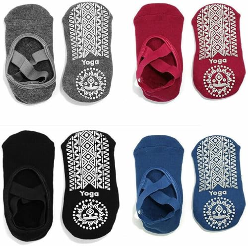 Miniatura 6 de JFang - 4 pares de calcetines de yoga para mujer, antideslizantes, con correas, calcetines de ballet para yoga, pilates, ballet, baile de barre
