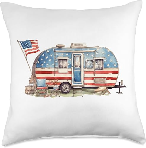 Vintage Patriotic American Camper shoppa Vintage Patriotic American Camper Lovers 4 de julio - Almohada de 18 x 18 pulgadas, multicolor