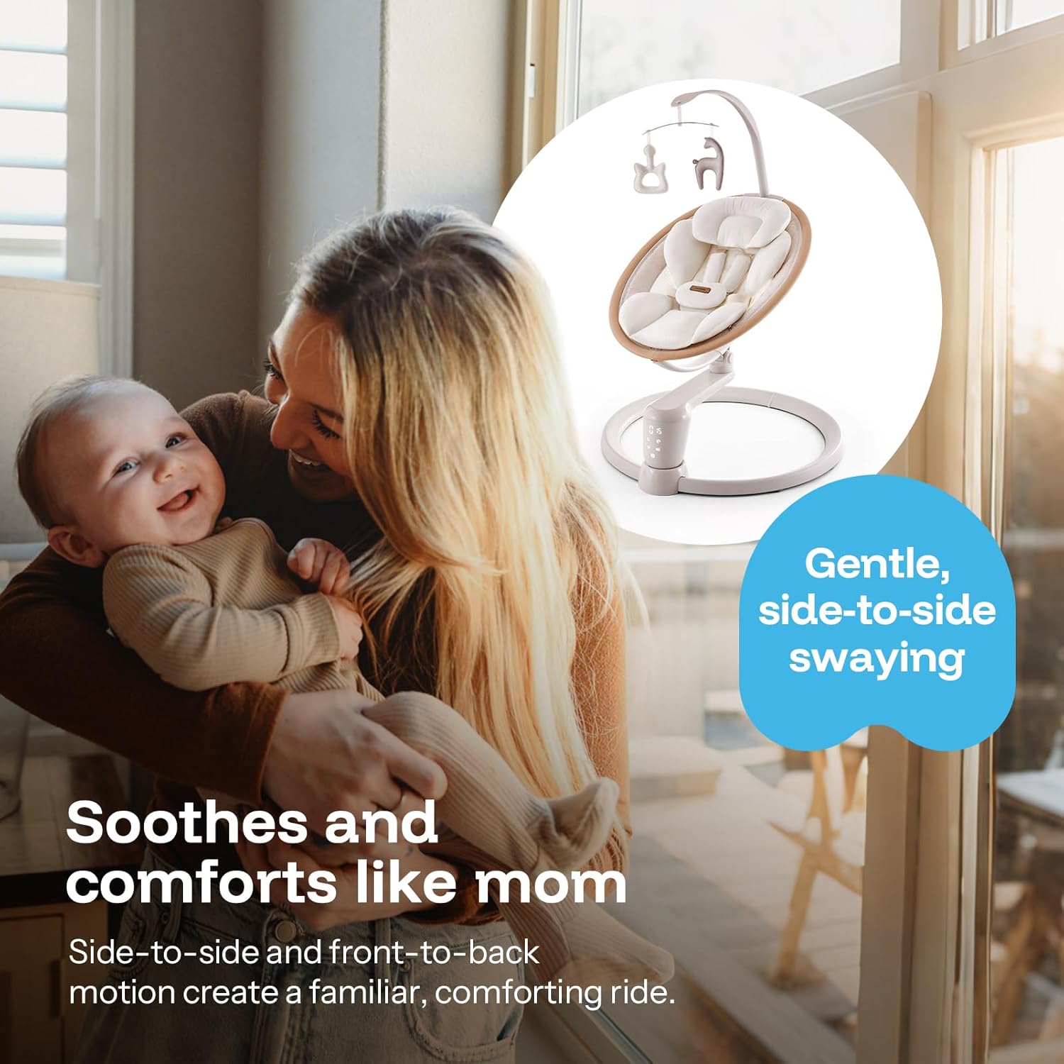 HARPPA Electric Baby Swings for Infants and Newborns, Baby Swing 5 Speeds and Remote Control 10 Built-in Melodies, 2 Seat Positions & 180° Rotation for Indoor Use, Beige