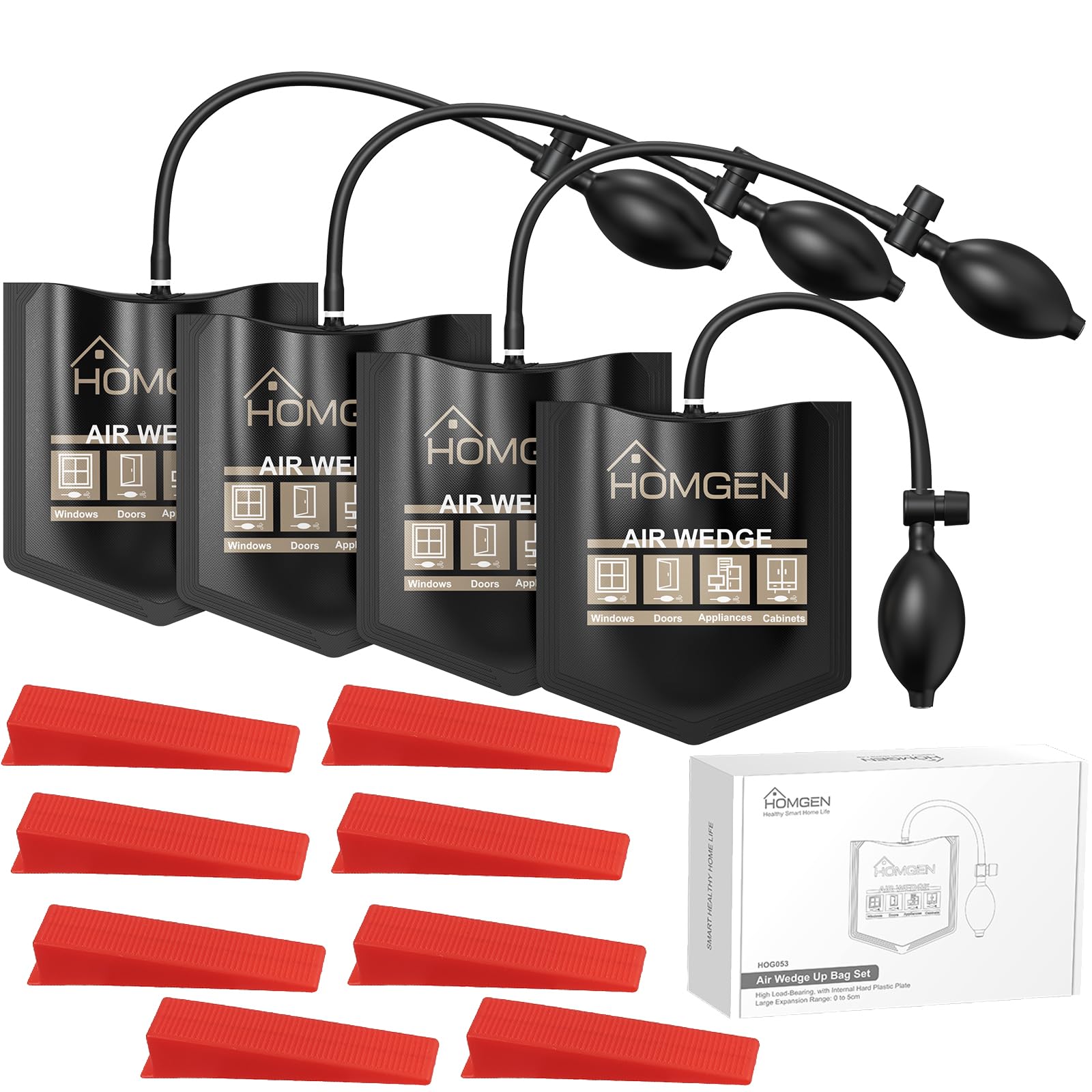 HOMGEN 4 Pezzi Pompa ad Aria per Finestre Max Carico 200kg Cuscinetti ad Aria per Sollevamento in TPU con 4 Cune Cuscini Gonfiabili ad Aria per Installazione Porte Finestre Spostare Mobili