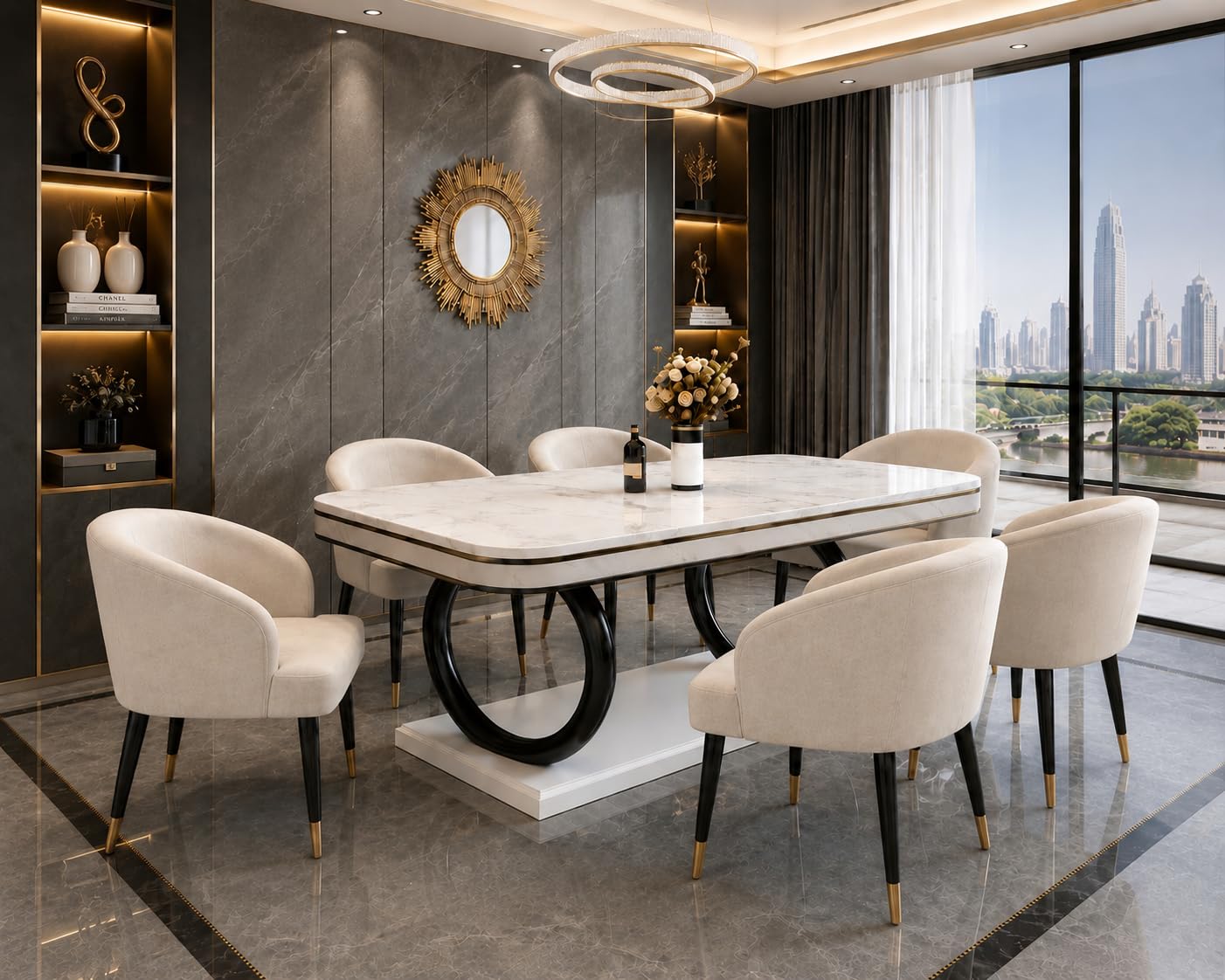 WOODEN SPACE 6-Seater Wooden Dining Table Set | Nano Composite Marble Top | Solid Wood Base | Modern Dining Room Furniture with 6 Chairs (Lexus ClassicBeige)-image-46