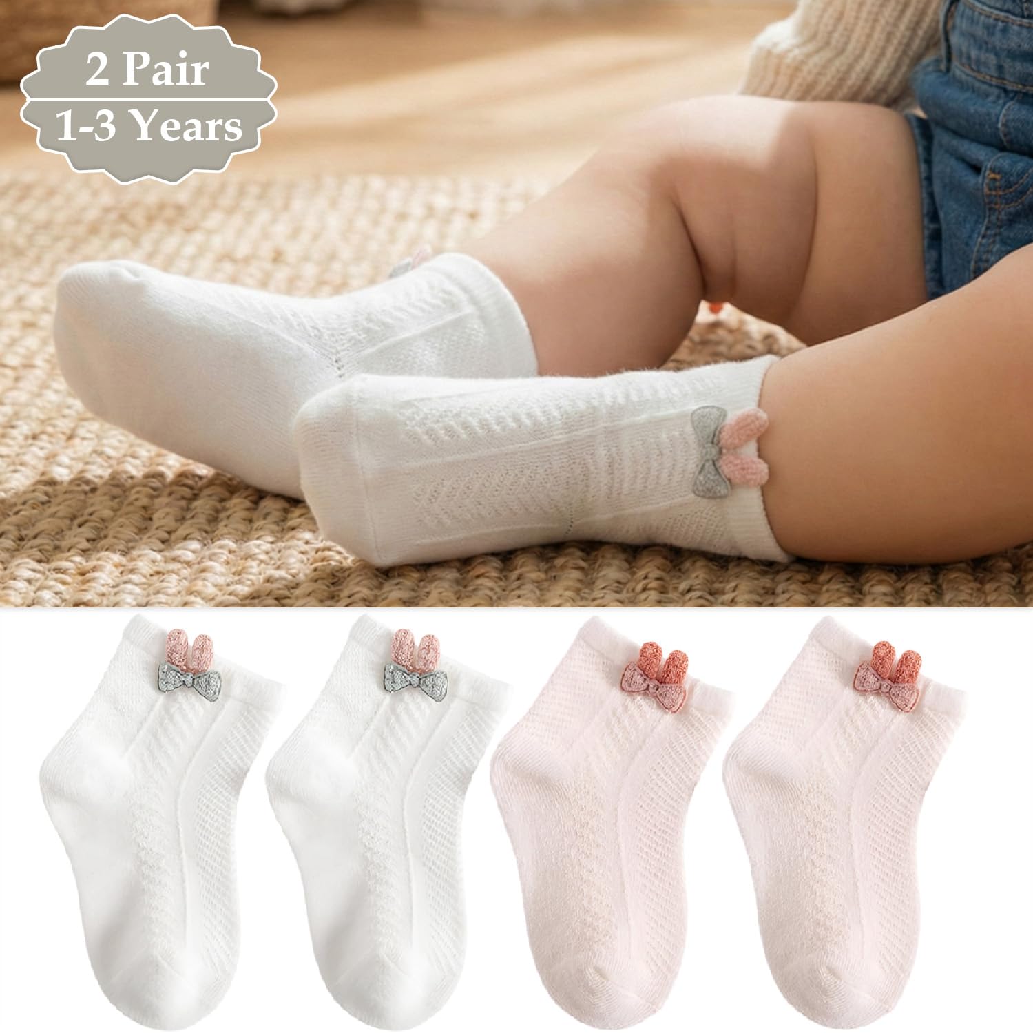 SYGA 2-Pairs Baby Socks Set Mesh Short Cotton with Rabbit Cartoon Pattern for Ages 1-3 Years (White, Pink) 4