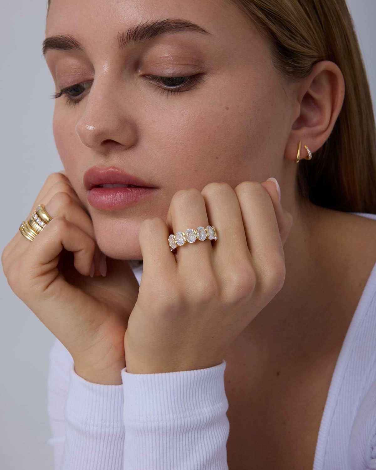 PAVOI 14K Gold Plated Eternity Ring for Women - Statement Eternity Band Rings with Oval Cubic Zirconia - Stackable Wedding Band - Love Engagement Trendy Bridal Jewelry