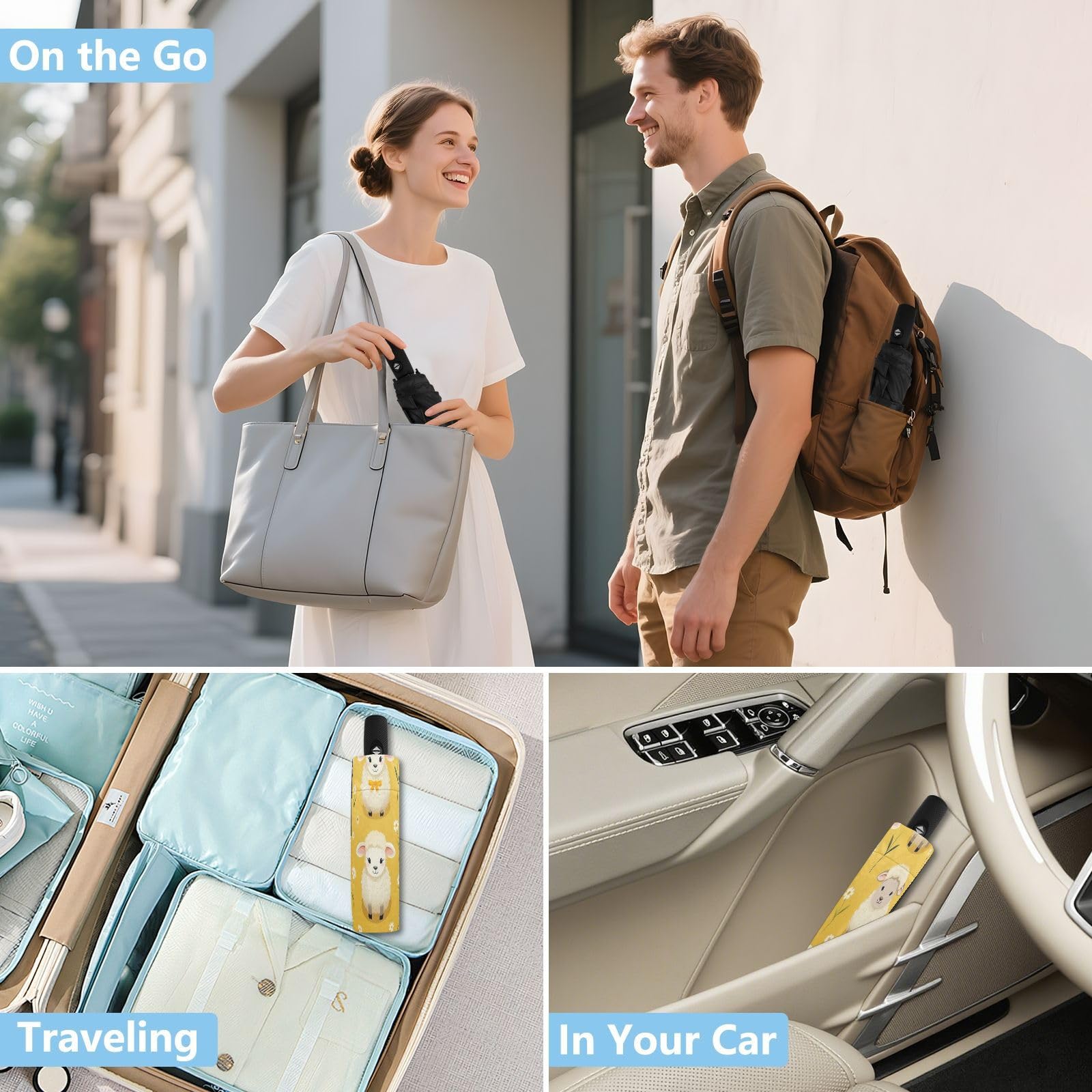 Ovejas Lindas Amarillas Paraguas de Viaje Resistente al Viento Apertura Cierre AutomáTicos,Compacto con ProteccióN Solar UPF 50+ Ideal para JóVenes Chicas