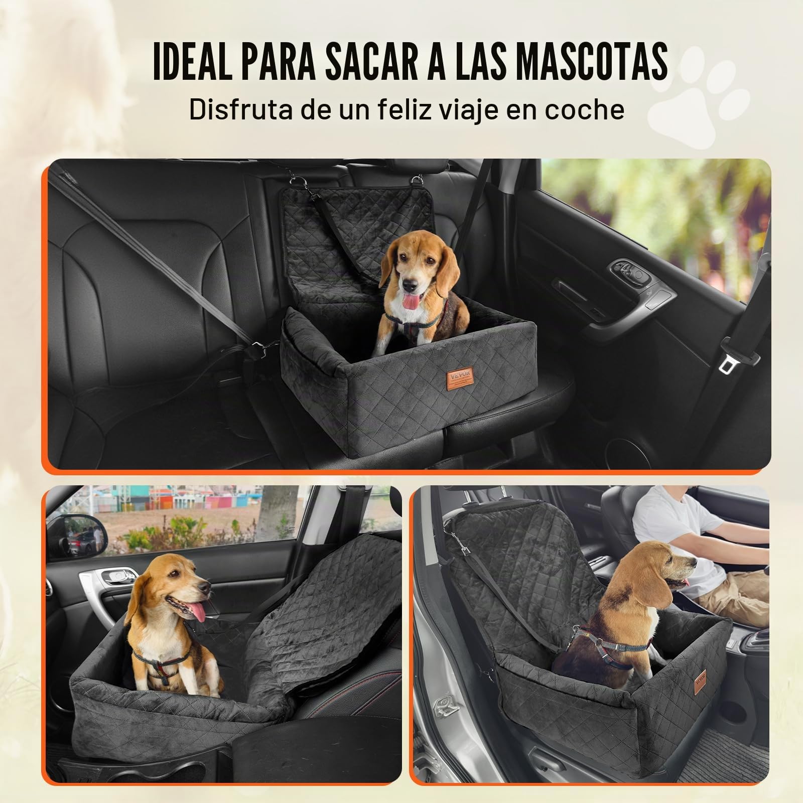 VEVOR Asiento de Coche para Perros 18 kg Asiento de Seguridad para Mascotas Asiento Elevador Impermeable con Correa de Seguridad con Clip Acolchado de Algodón PP Silla para Coche para Mascotas, Negro