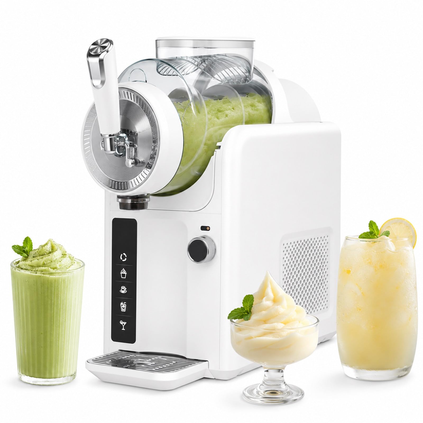 No Ice Needed Slush Machine – 5 Preset Programs for Slushie, Milkshake, Frappe, Sorbet & Soft Ice Cream, 360° Mixing + One-Button Self-Cleaning, 2L Iced Drink Maker for Countertop White