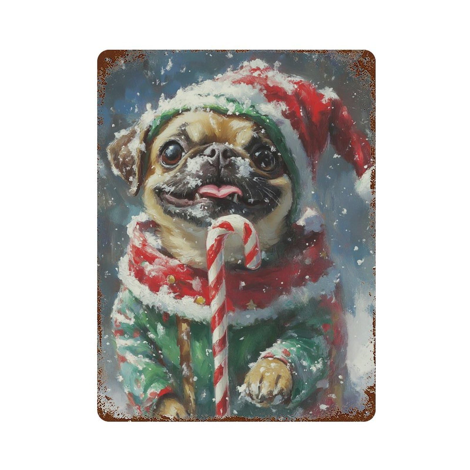 Christmas Pug with Candy Cane Rust Effect Tin Sign 15.7"x11.8", Vintage Wall Decor for Pub, Kitchen And Man Cave Decor