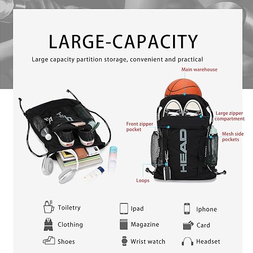 Miniatura 7 de HEAD Mochila de gimnasio impermeable para deporte con 2 bolsillos con cremallera, mochilas grandes con cordón para hombres con bolsillos laterales