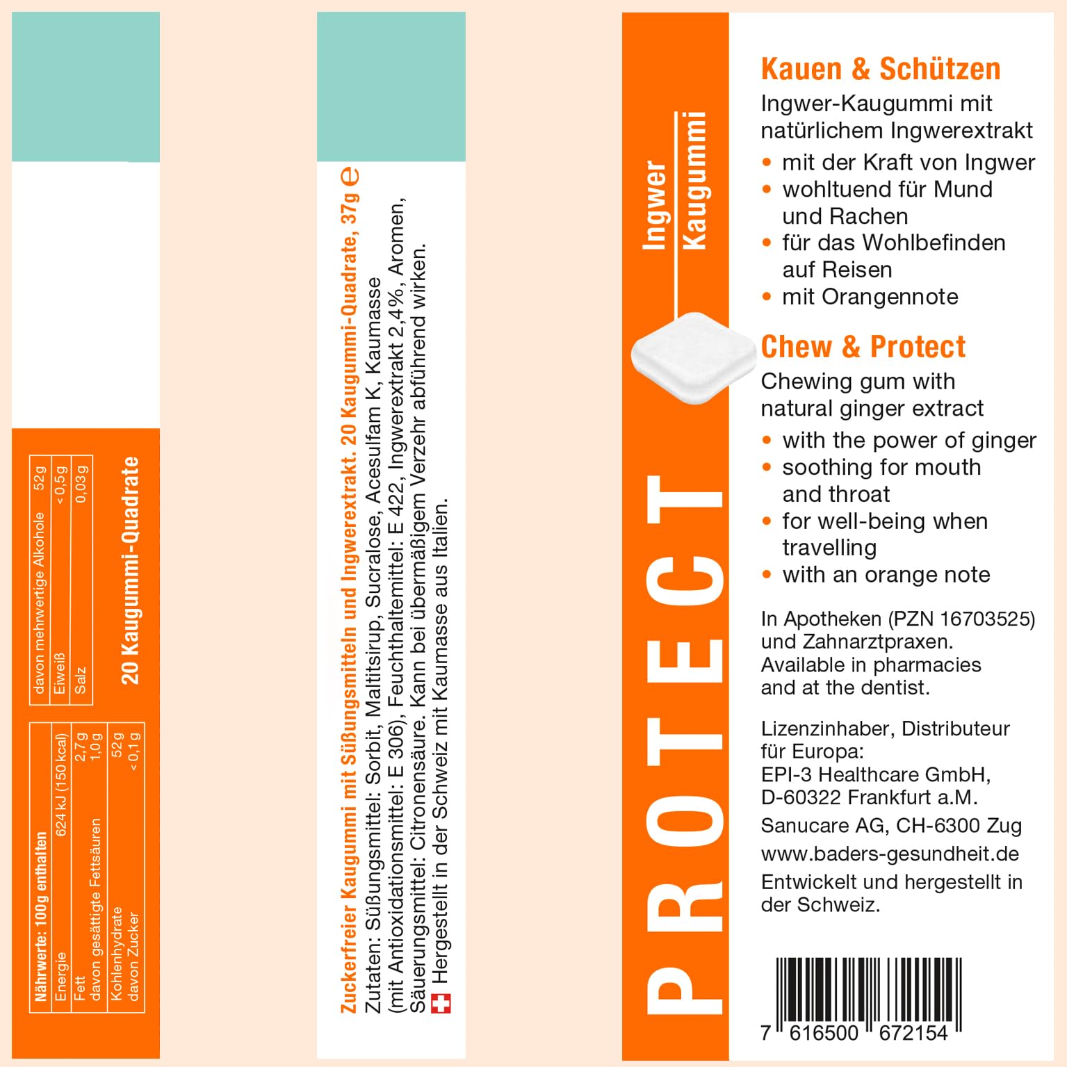 BADERs PROTECT Chicle de Jengibre, 3 x 20, Sabor Naranja, Ideal para Viajes