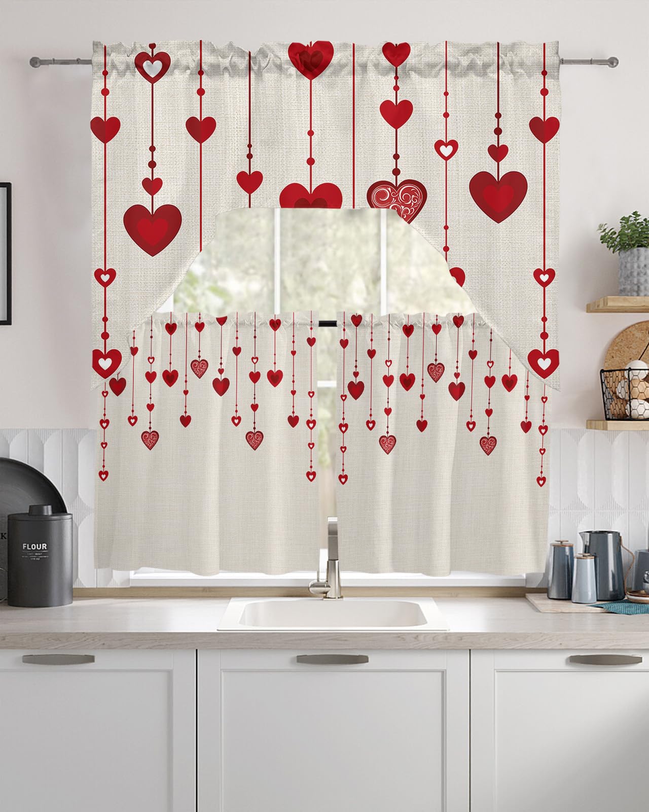 Saint Valentine's Swag Kitchen Curtain Sets with Valance,3 Pieces Rod Pocket Curtain Drapes for Bedroom Living Room Bathroom Cafe,Romantic Red Love Heart Farmhouse Burlap 56''x36''&36''x27.5''x2Panels