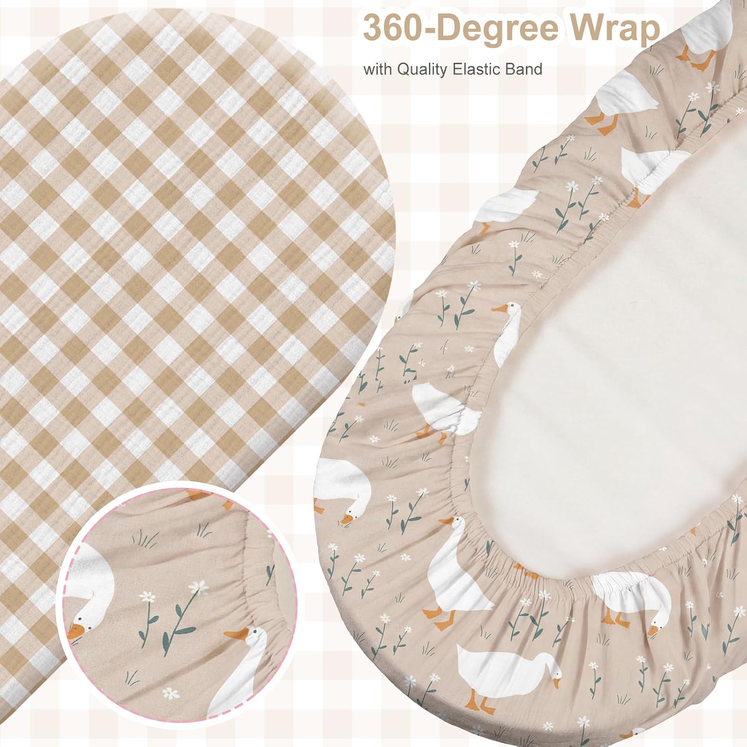 Breling 2 Pack Muslin Silly Goose and Khaki Gingham Baby Bassinet Sheets for Girls Boys Soft and Breathable Plaid Cradle Bed Cover for 32'' x 16" Oval Hourglass Infant Nursery Toddler Room Decor
