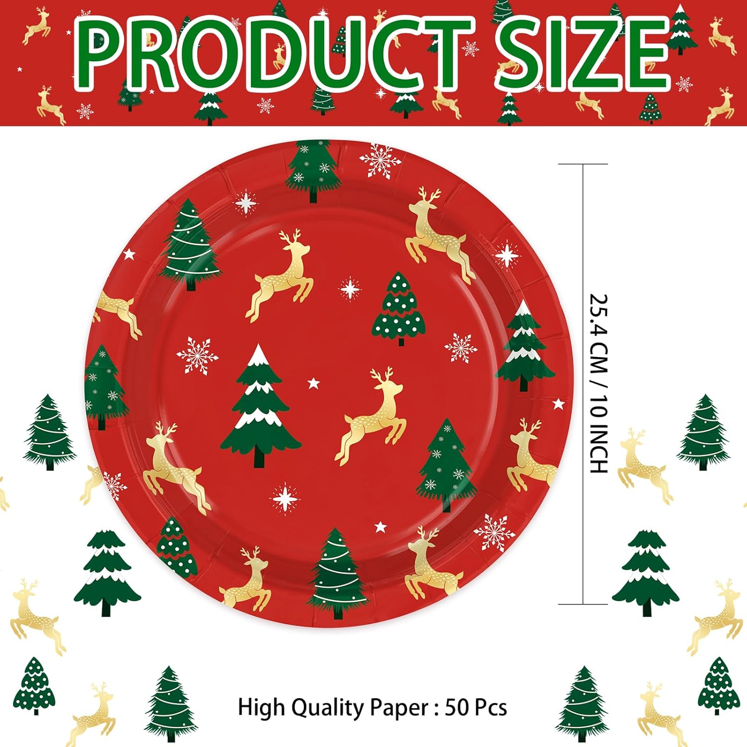 Greencian 50Pcs Christmas Tree Paper Plates 10" Christmas reindeer Heavy Duty Party Plates Xmas Disposable Tableware for Xmas Holiday Party Decorations