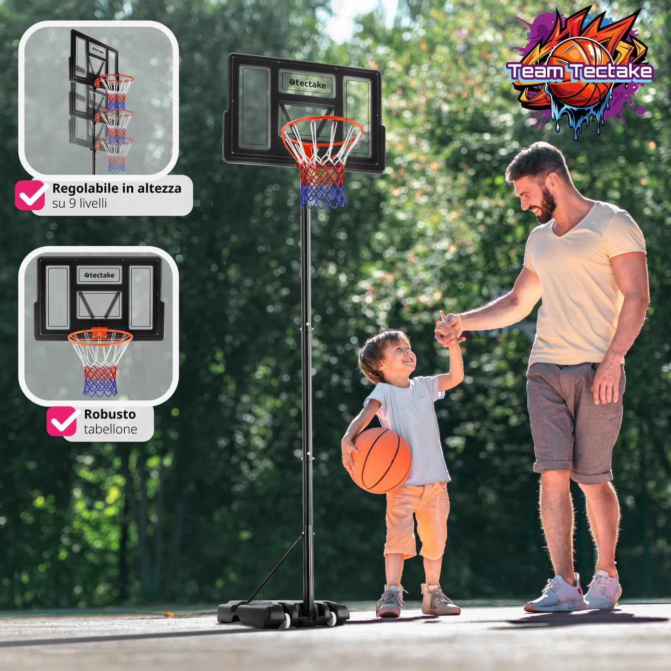 tectake® Canestro Basket con Ruote, Canestro Basket Esterno e Interno con Asta Regolabile in Altezza, Base Riempibile con Acqua o Sabbia, Tabellone Pallacanestro Interno Esterno per Bambini e Adulti