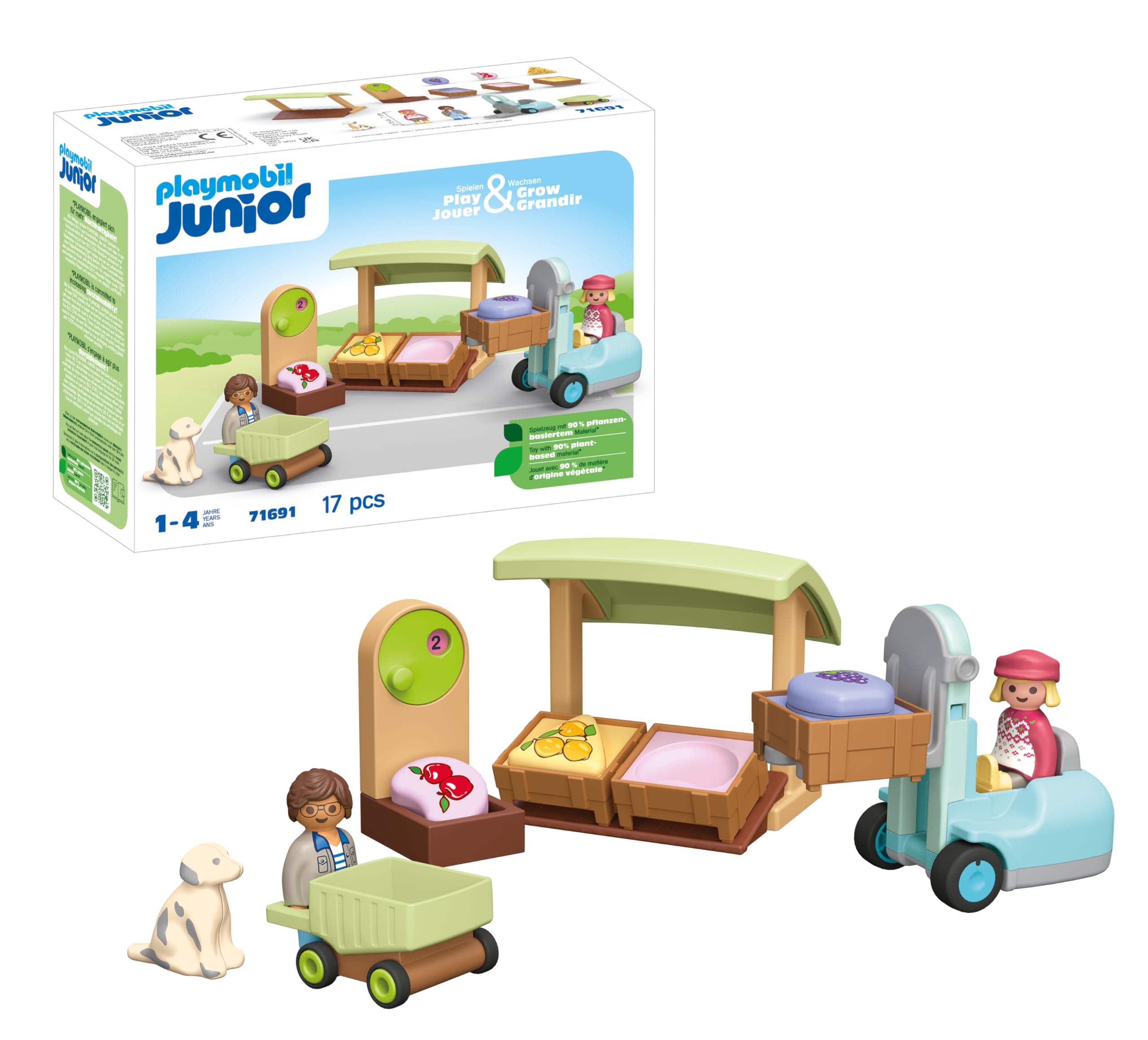 Playmobil 71691 JUNIOR: Organic Market Stall and Forklift, educational toy, made from over 90% plant-based plastics