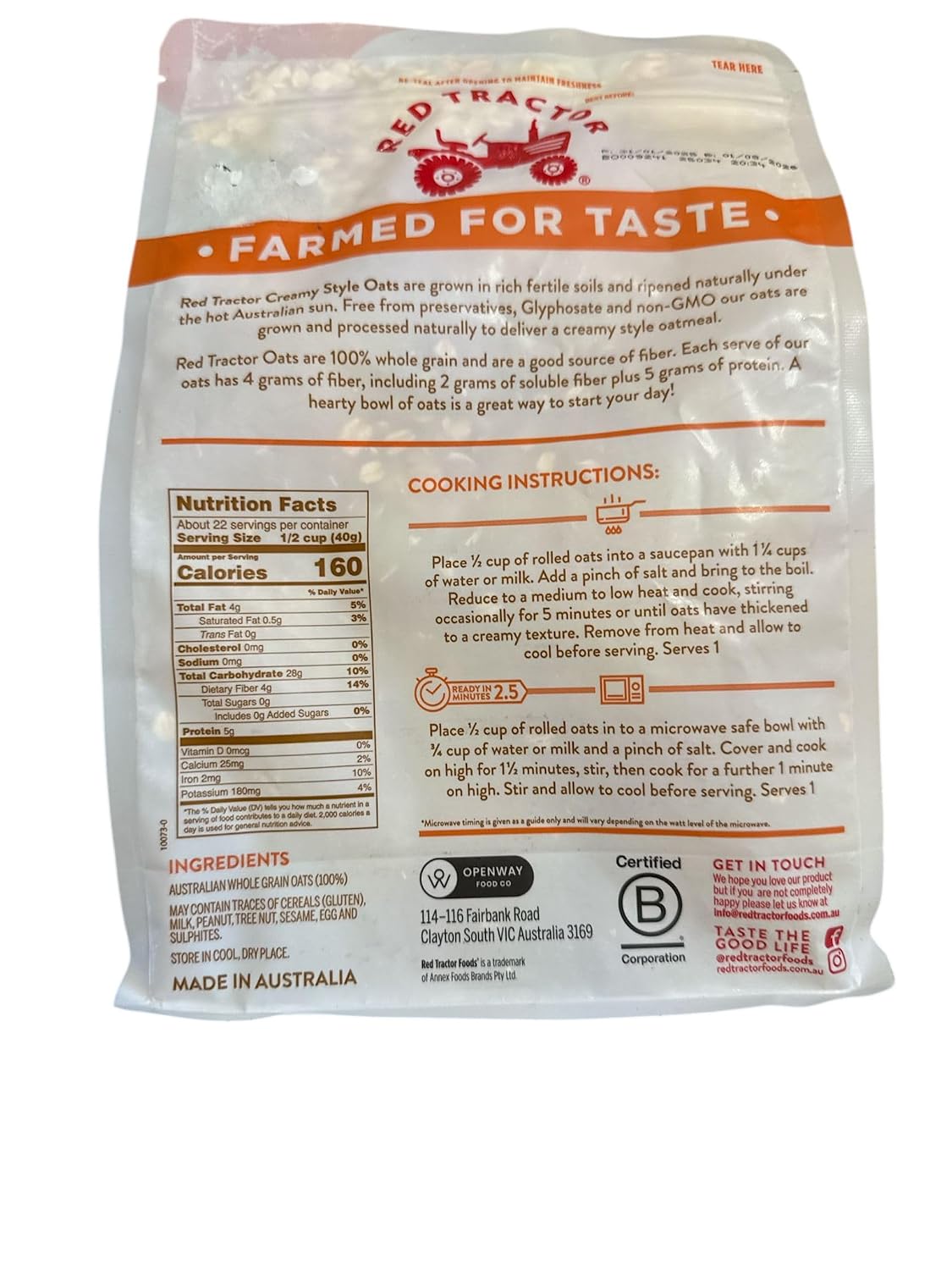 Red Tractor Australian Creamy Style Rolled Oats, Non-GMO, Wholegrain, Glyphosate Residue Free, 32 oz