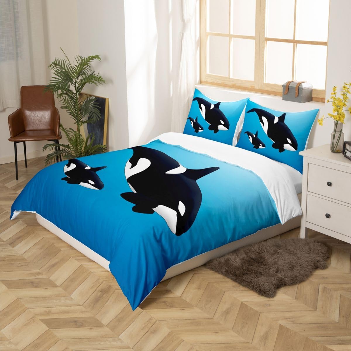 Feelyou Whale Comforter Cover Twin,Kids Duvet Cover Set,Orca Mother & Baby Swimming in The Ocean Theme,Decorative 2 Pieces:1 Bedding Set & 1 Pillow Sham,Blue