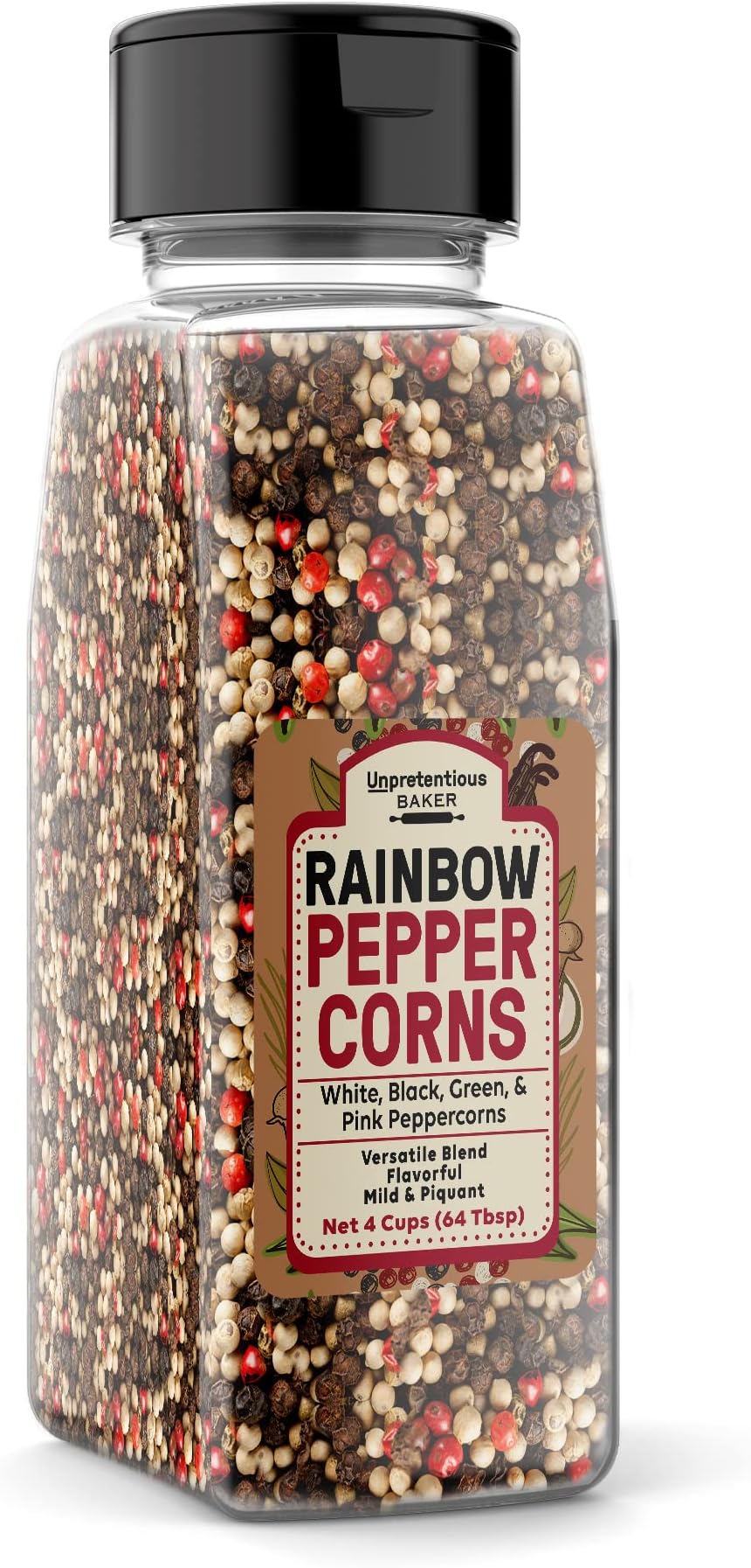 Unpretentious Rainbow Peppercorn Medley Baker, 4 Cups, Versatile Blend, White, Black, Green, & Pink Peppercorns