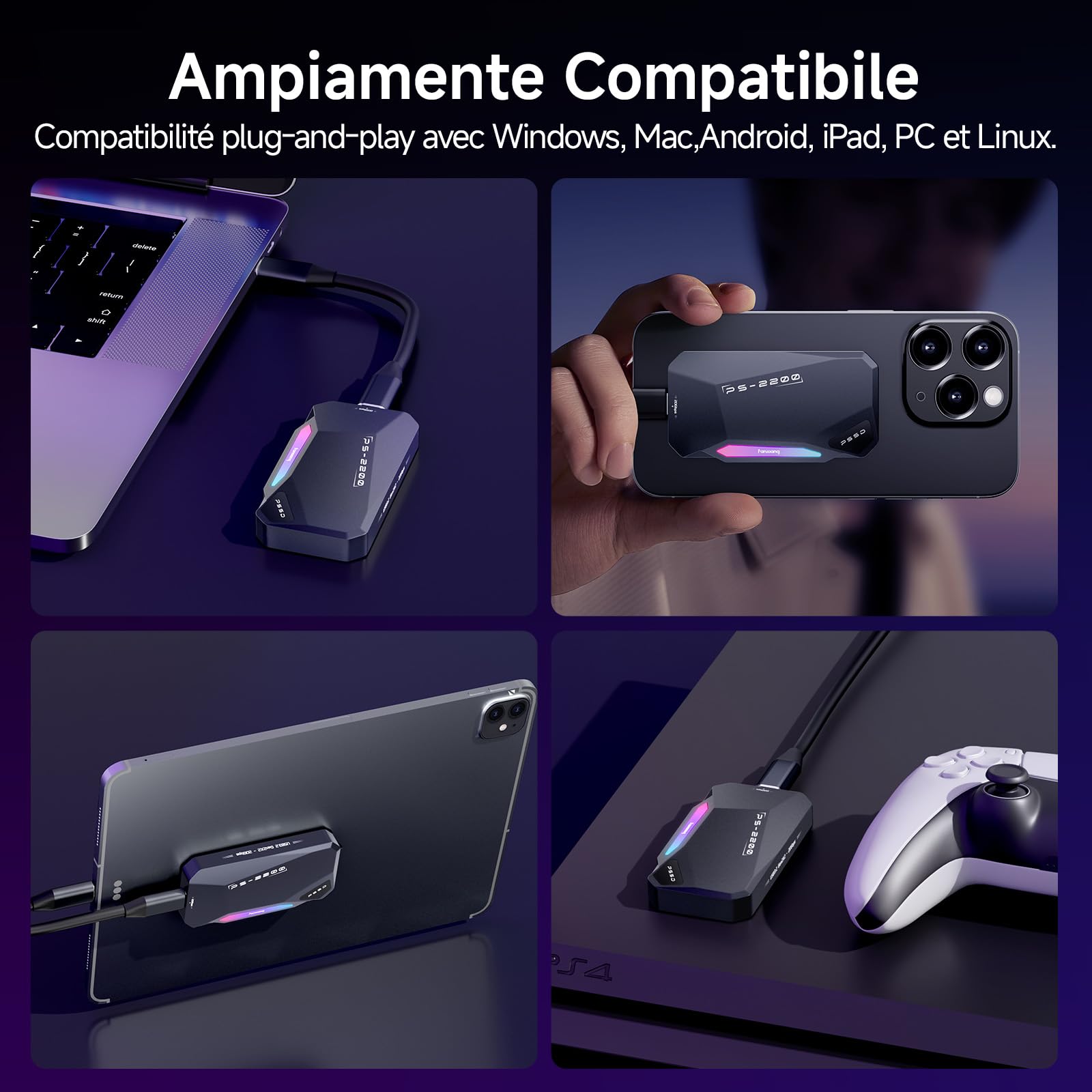 fanxiang 2TB SSD Esterno Magnetico，Fino a 2050MB/s, USB 3.2 Gen2 USB-C, SSD Portatile con RGB LEDs, 4k ProRes HDR, Unità a Stato Solido Esterna per iphone15/16, Android/Pc/Mac-PS2200