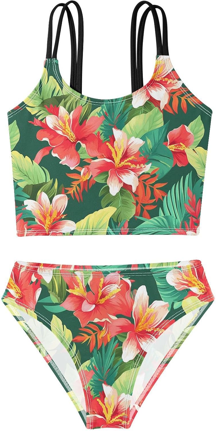 visesunny Girls Two Piece Swimsuits Tropical Floral Pattern Girl's Bikini Sets Bathing Suits for Girls Size 5-12Y