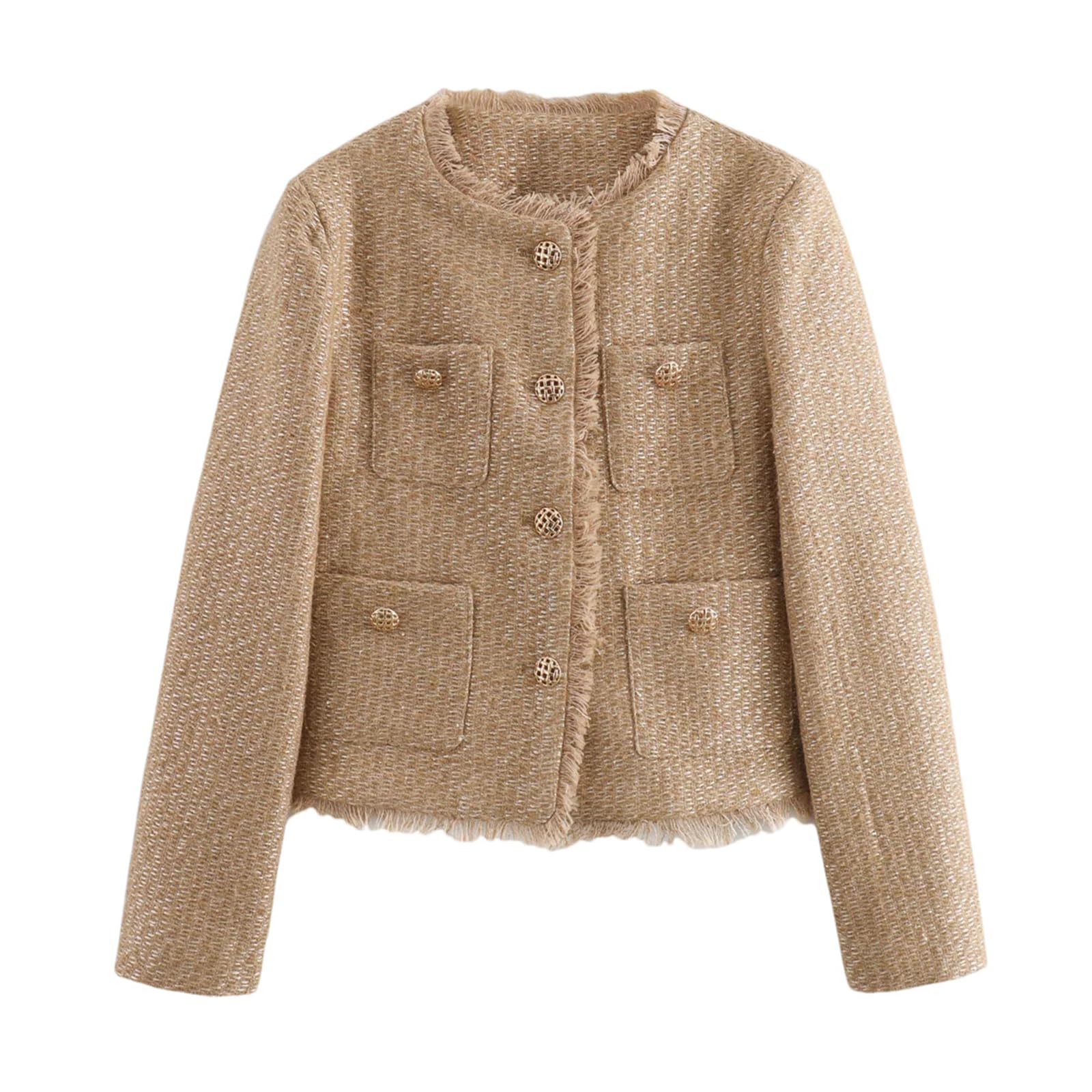 Mnjyihy Women Cropped Tweed Jacket Long Sleeve Round Neck Front Button Office Work Woolen Coats Outerwear