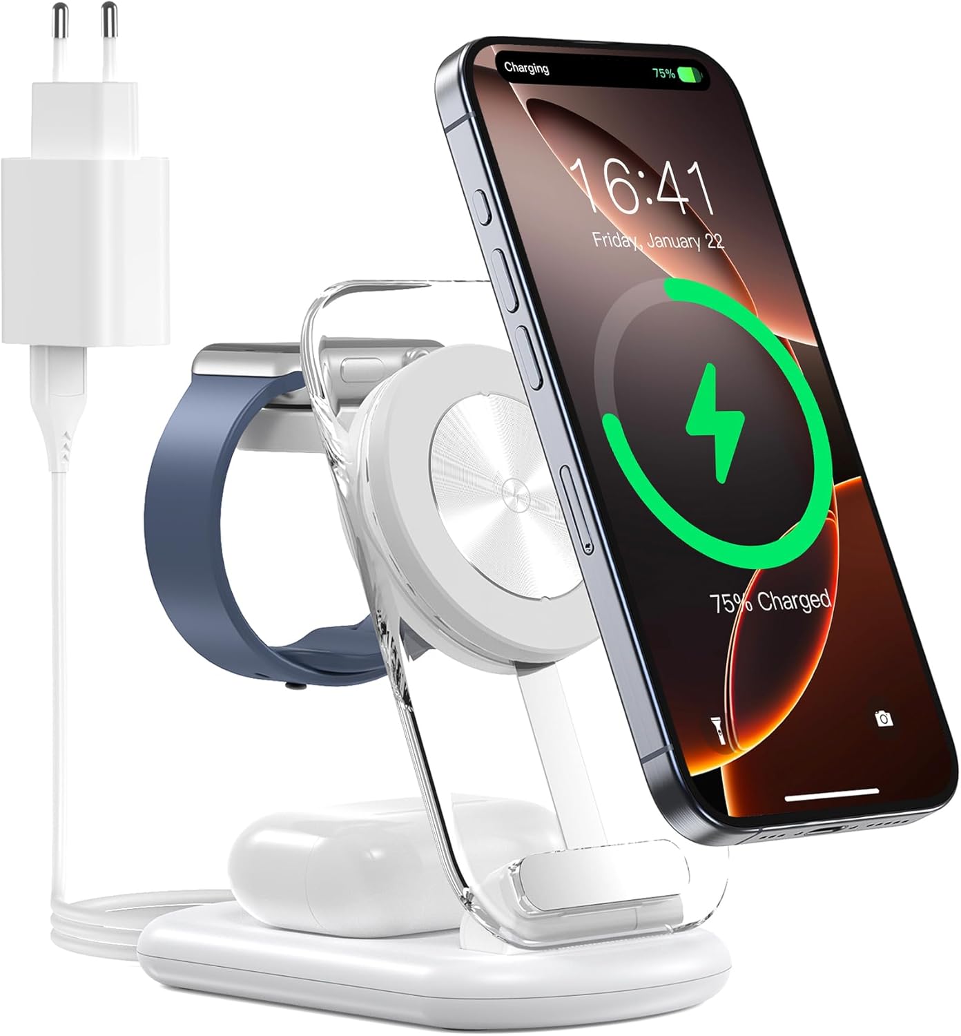 3 in 1 Wi-fi Charging Station for Magazine-Secure, Foldable, Adjustable Magnetic Wi-fi Charger, Journey Magazine-Secure Charging Stand with Mild for iPhone 15/14/13, AirPods 3/2/Professional, Apple Watch, White