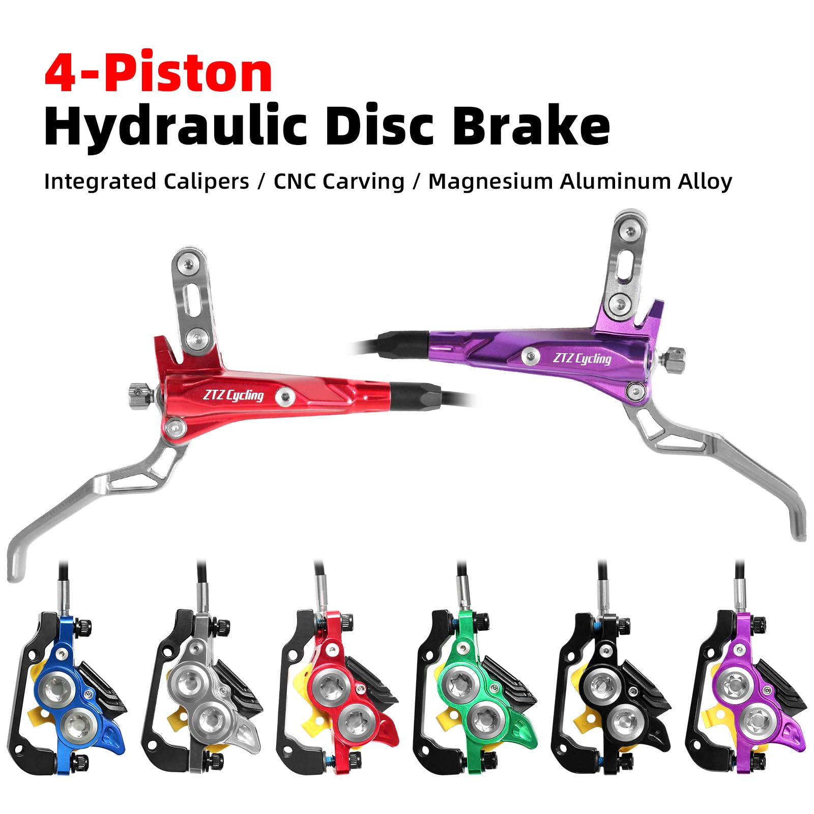 MTB Hydraulic Disc Brake Set 4 Pistons Front 850mm and Rear 1580mm Hydraulic Brakes with Aluminum Alloy Lever with Caliper Ceramic Brake Pad Fit Mountain Bike, Ebike, Fat Bike(Pre-Bled) (Red)