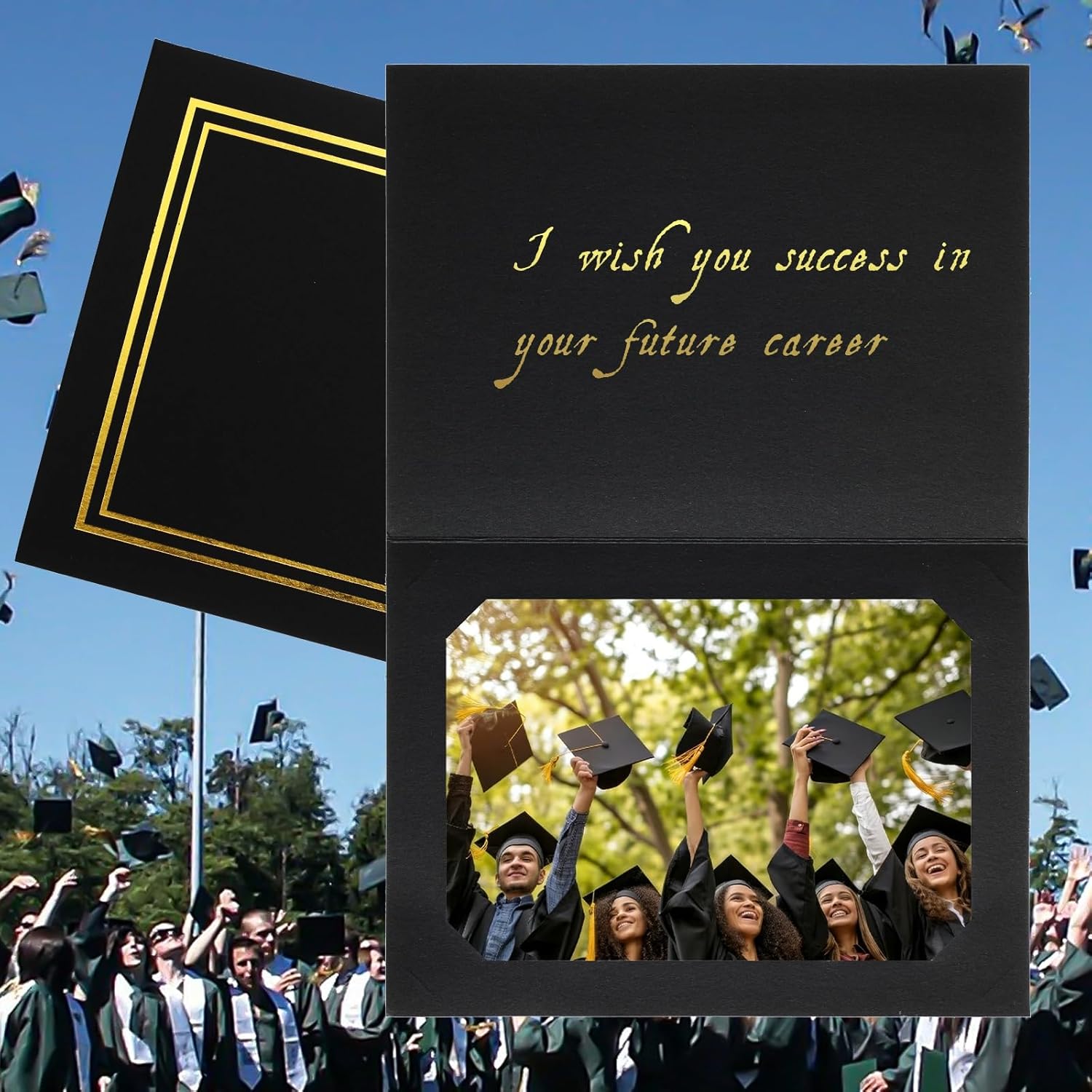 Fainne 400 Pcs Cardboard Photo Folders for 4x6 or 5x7 Pictures, Paper Photo Frame Note Cards Insert Notecard, Portrait Display, Black with Gold Border