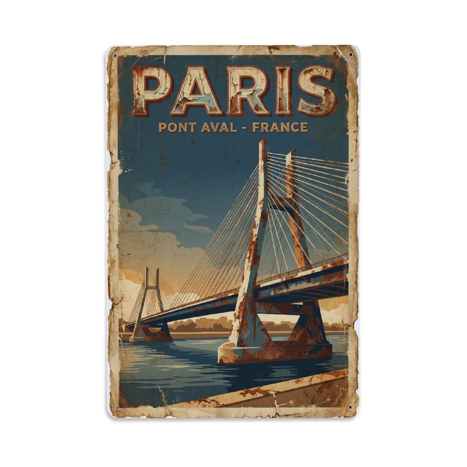 Vintage Travel Paris Pont Aval Bridge Rusted France Metal Tin Sign Plaque Wall Decor for Cafe, Club Bar, Office, Home Garden Metal Poster 8x12Inch
