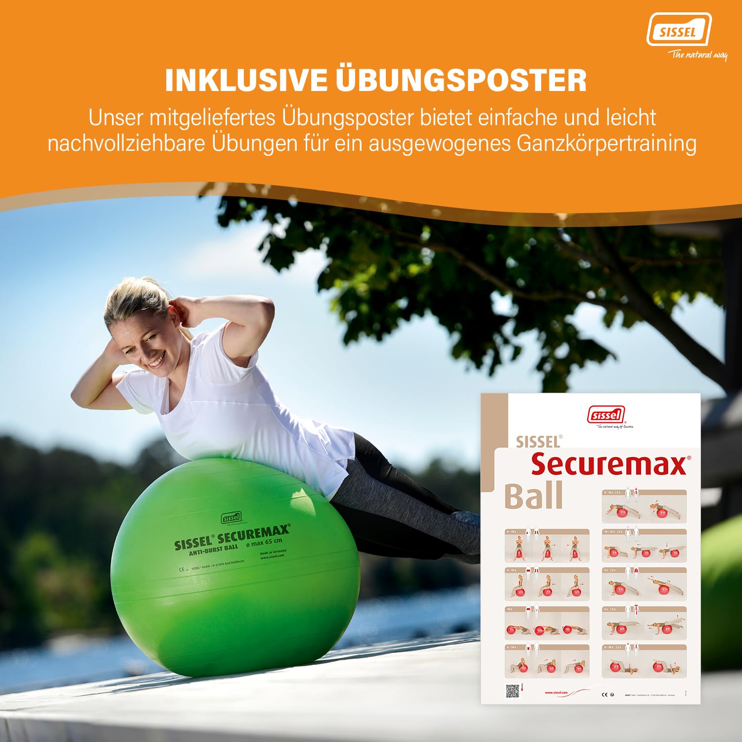 SISSEL SECUREMAX Gymnastikball | Belastung bis 500 kg | 100% PVC & recyclebar | Für Fitness & Therapie | SECUREMAX-Sicherheitssystem | Inkl. Übungsposter & Stöpselheber